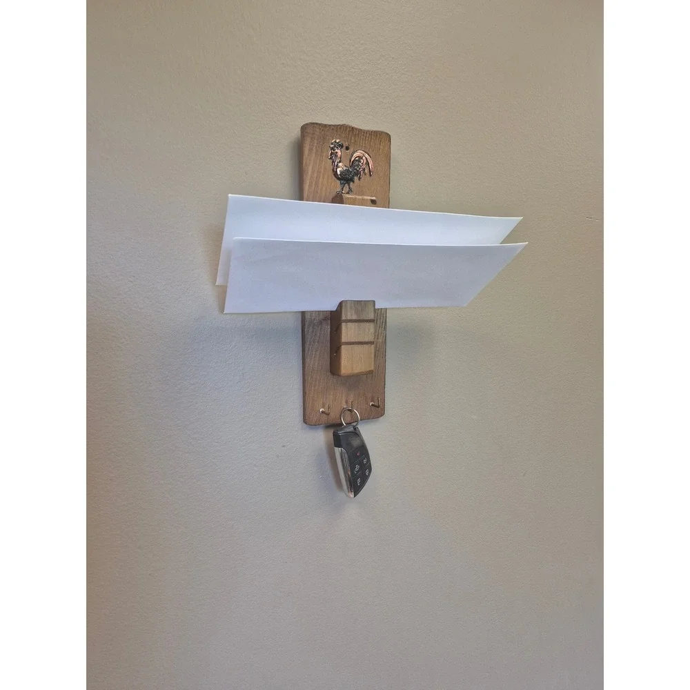 Vintage Wood Mail Organizer Key Rack Wall Mount Rooster Farmhouse Decor Entryway